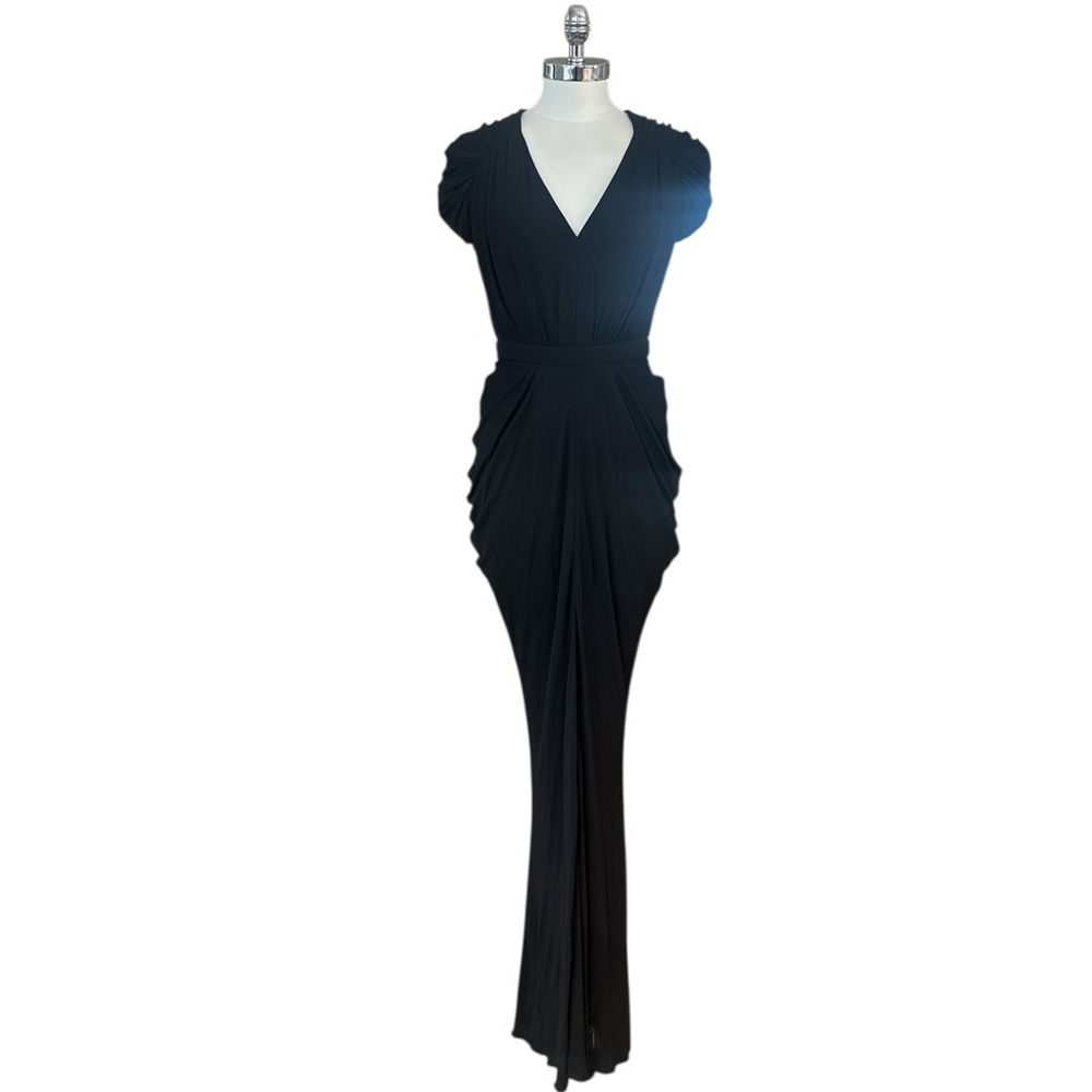 Alexander McQueen Tall Black Gown Rouched Back Cap Sleeves Column Maxi 42 US 8